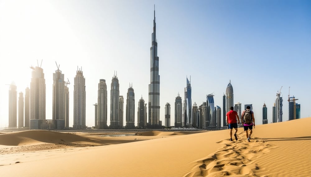 Dubai city skyline with Burj Khalifa and desert adventure