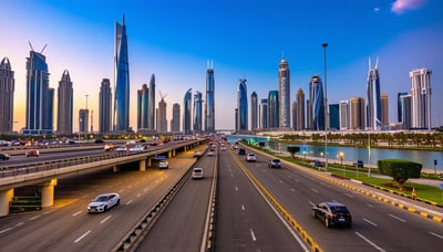 Dubai city skyline with modern roads and vehicles